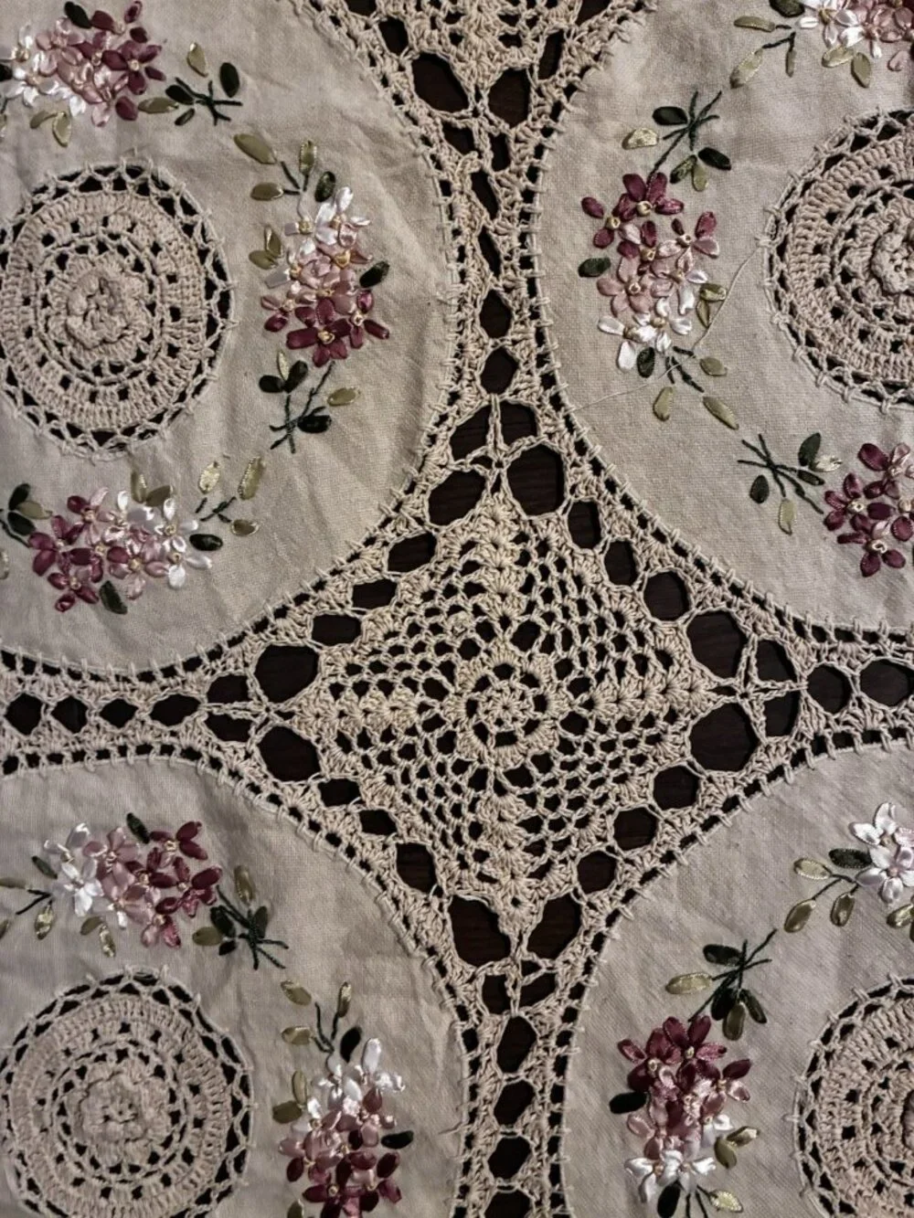 Handmade Crochet Lace Tablecloth Pink Floral Ribbon Embroidery Cottagecore Large